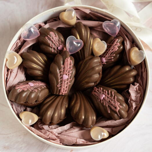 Chocolate madeleines with coffee and Baileys / Rose syrup infusion, assorted fillings, and chocolate coating