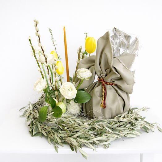 Easter nest (yellow tulips, willow) + Easter cake