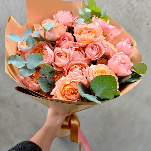 Bouquet with Apricot Juliet Peony Roses and  Eucalyptus