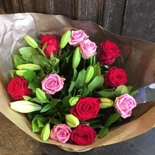 Pink red roses white Lilly bouquet