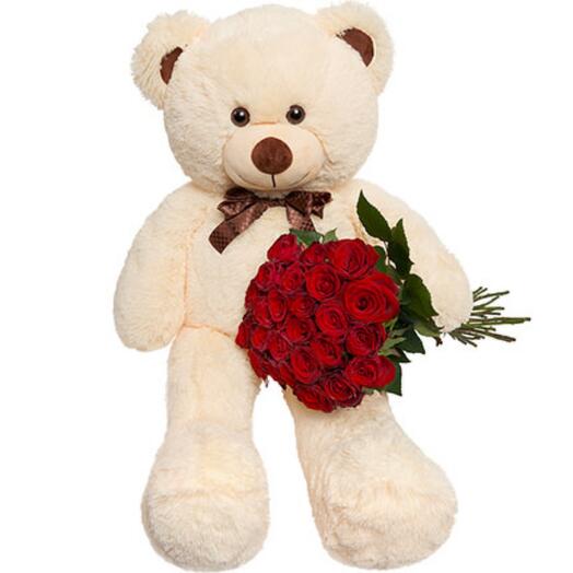 Teddy bear + bouquet of red roses "Declaration of love"