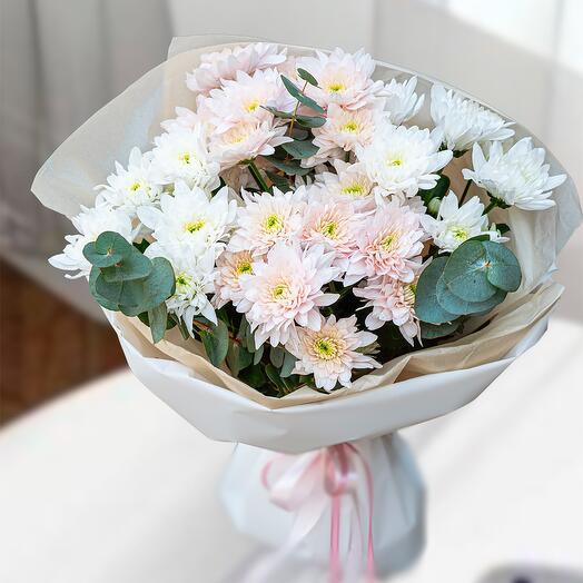 Mono bouquet of chrysanthemums with eucalyptus