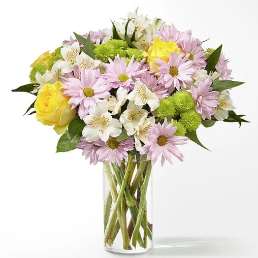 Sweet Spring Delight Bouquet (rose, mums, alstro + vase)