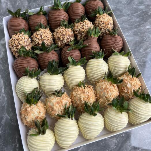 Strawberries in white and milk chocolate